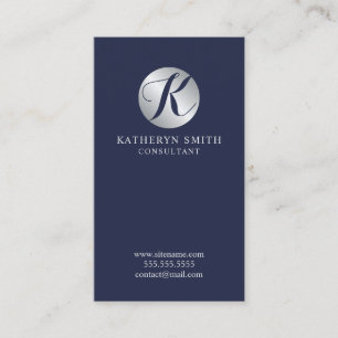 Navy Blue and Silver Elegant Monogram Business Card