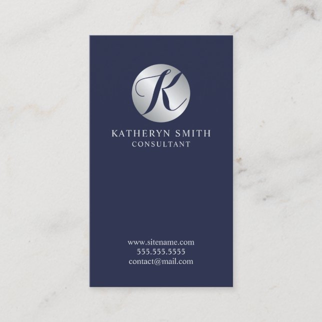 Navy Blue and Silver Elegant Monogram Business Card (Front)