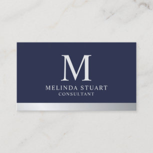 Navy Blue and Silver Elegant Monogram Business Card