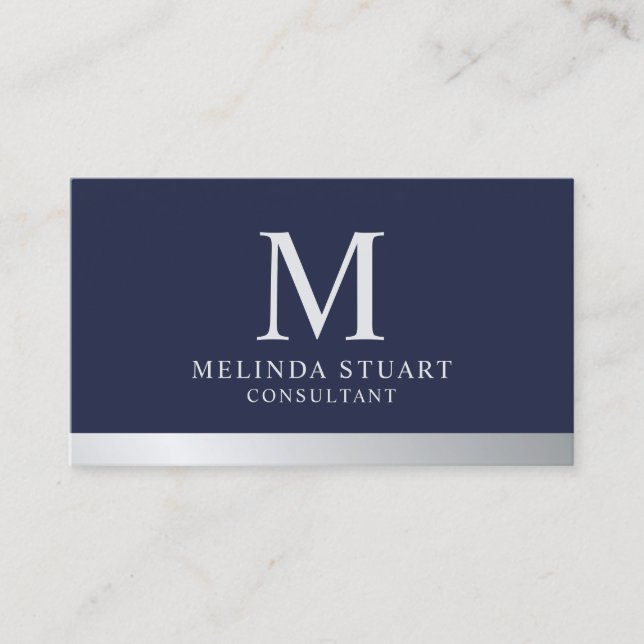 Navy Blue and Silver Elegant Monogram Business Card (Front)