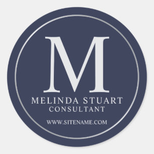 Navy Blue and Silver Elegant Monogram Business Classic Round Sticker