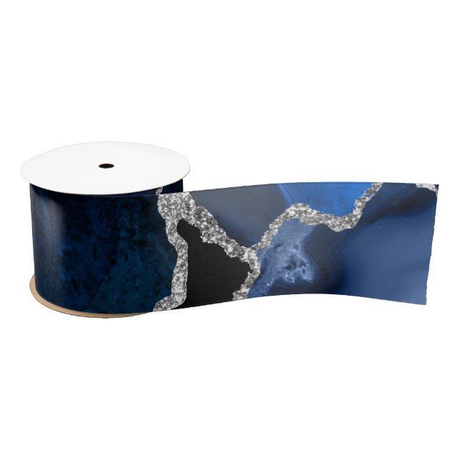 Navy Blue and Silver Faux Glitter Agate Satin Ribbon (Spool)