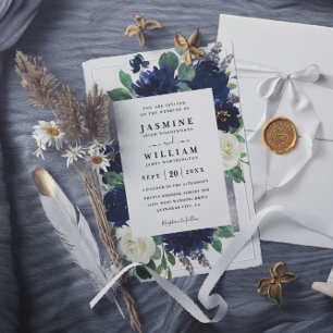 Navy Blue and Silver Floral QR Code Wedding Invitation