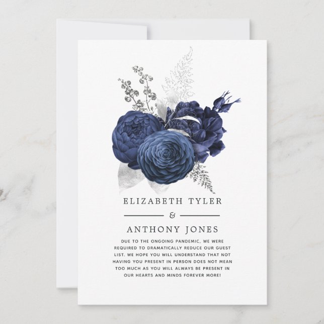 Navy Blue and Silver Floral Reduced Wedding Guest Announcement (Front)