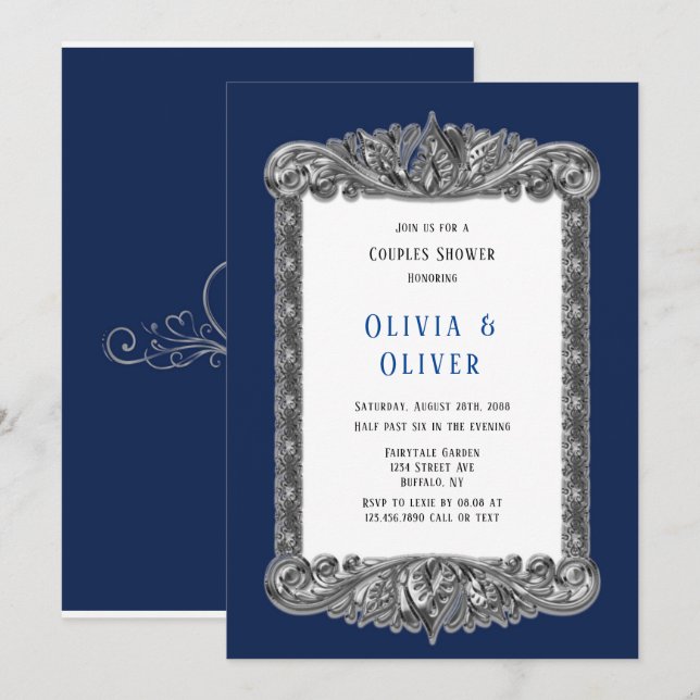Navy Blue and Silver Frame Royal Couples Shower Invitation (Front/Back)