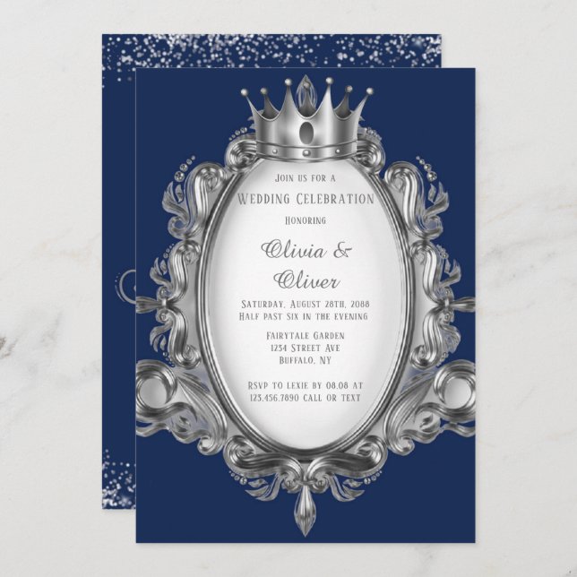 Navy Blue and Silver Frame Royal Wedding Invitation (Front/Back)