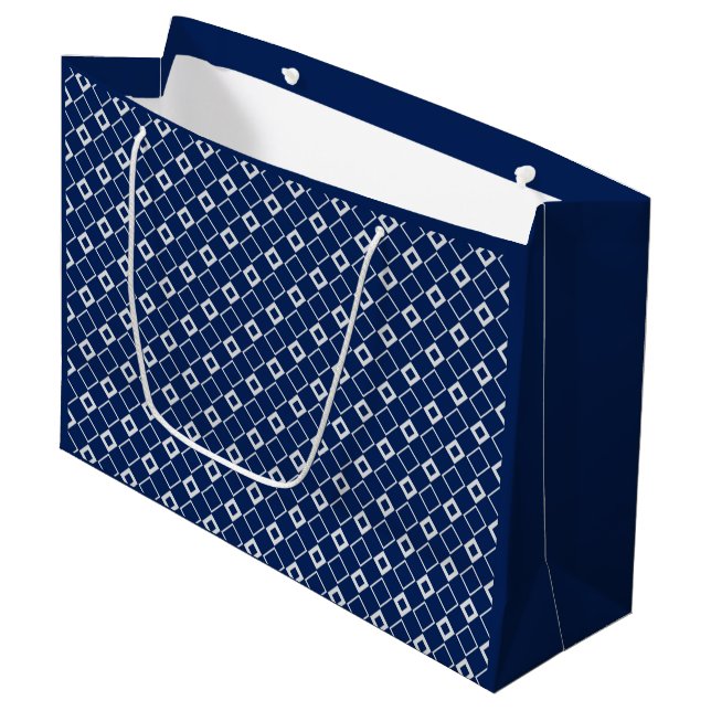 Navy Blue and Silver Geometric Shapes Large Gift Bag (Front Angled)