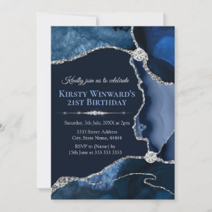 Navy Blue and Silver Glitter Agate Birthday Party Invitation