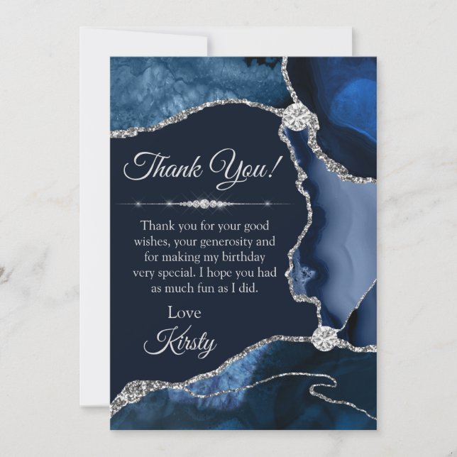 Navy Blue and Silver Glitter Agate Birthday Thank You Card (Front)