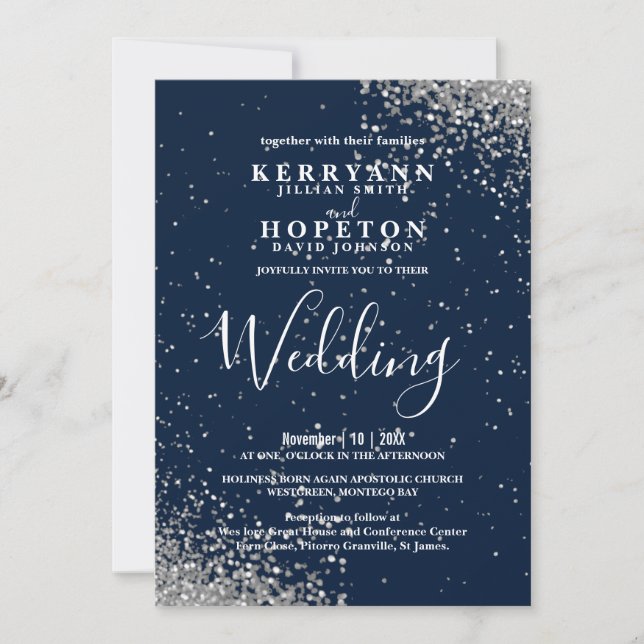 Navy Blue and Silver Glitter  Invitation (Front)