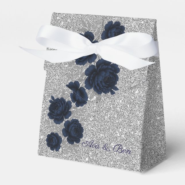 Navy Blue and Silver Glitter Leaves Wedding Favour Box (Front Side)