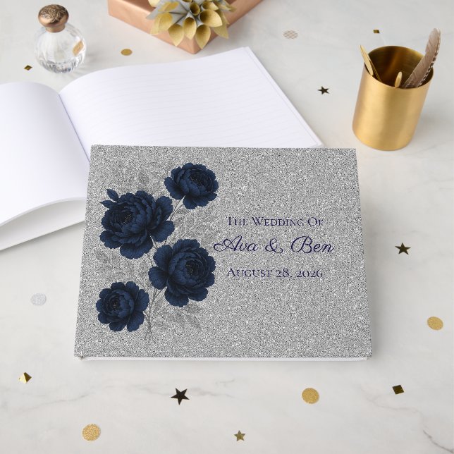 Navy Blue and Silver Glitter Leaves Wedding Guest Book (Front Open)