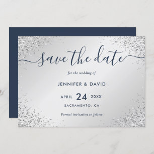 Navy Blue and Silver Glitter Script Wedding Save The Date