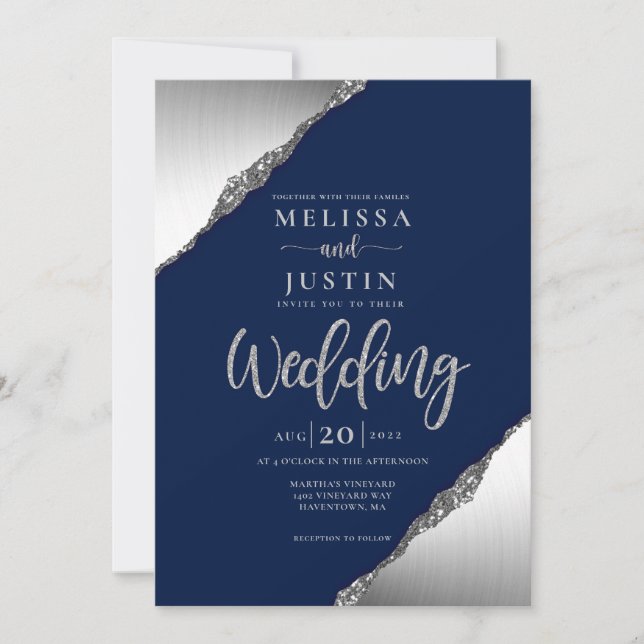 Navy Blue and Silver Glitter Wedding Invitation (Front)