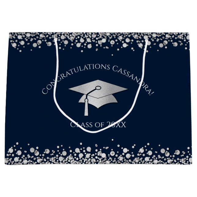 Navy Blue and Silver Graduation Large Gift Bag (Front)