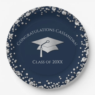 Navy Blue and Silver Graduation Paper Plate