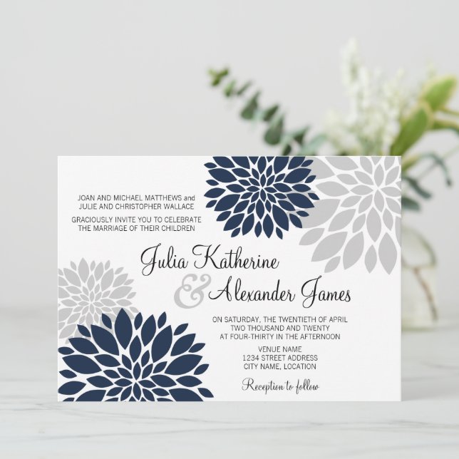 Navy Blue and Silver-Grey Floral Burst Wedding Invitation (Standing Front)