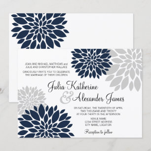 Navy Blue and Silver-Grey Floral Burst Wedding Invitation
