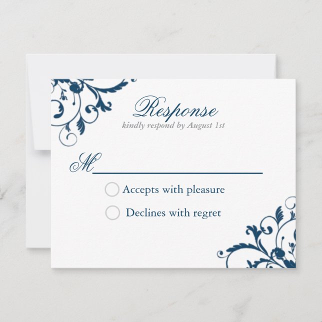 Navy Blue and Silver Grey Flourish Response Card (Front)