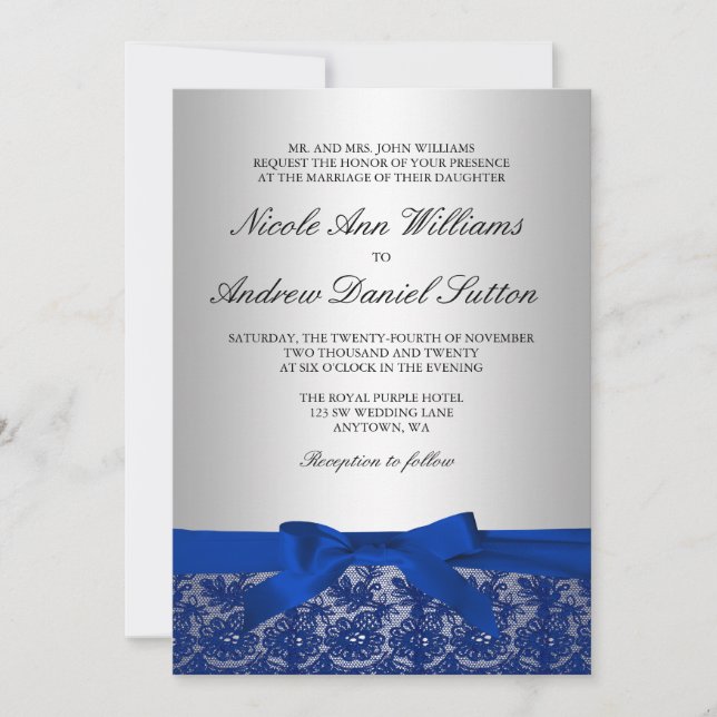 Navy Blue and Silver Lace Wedding Invitation (Front)