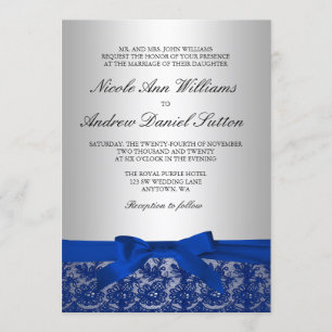 Navy Blue and Silver Lace Wedding Invitation