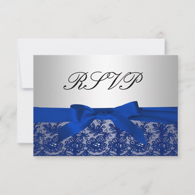 Navy Blue and Silver Lace Wedding RSVP (Front)