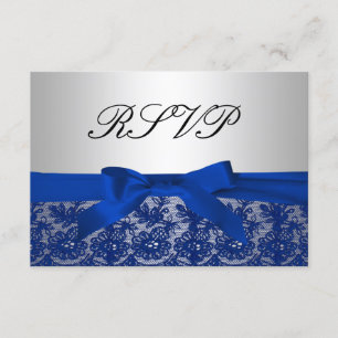 Navy Blue and Silver Lace Wedding RSVP Card