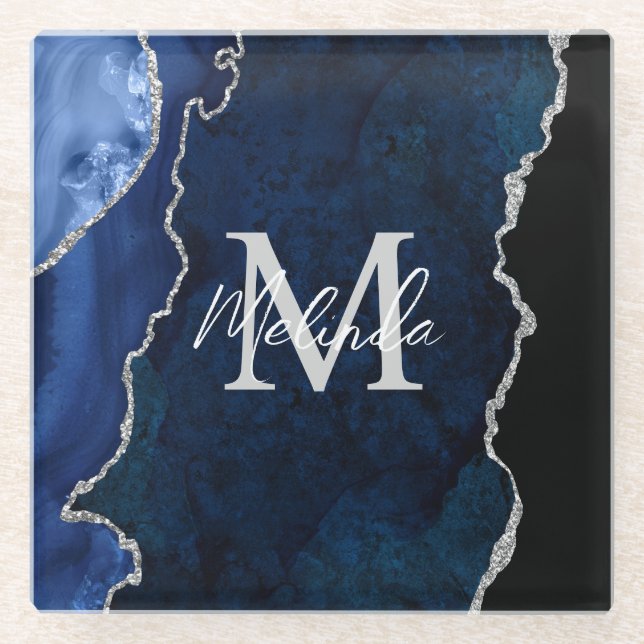 Navy Blue and Silver Marble Agate Glass Coaster (Front)