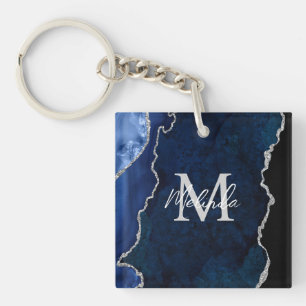 Navy Blue and Silver Marble Agate Key Ring