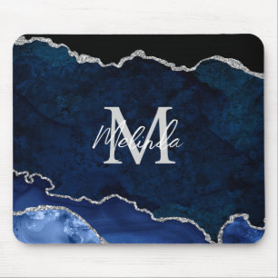 Navy Blue and Silver Marble Agate Mouse Mat