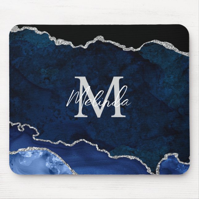 Navy Blue and Silver Marble Agate Mouse Mat (Front)