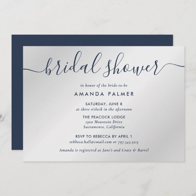 Navy Blue and Silver Modern Script Bridal Shower Invitation (Front/Back)