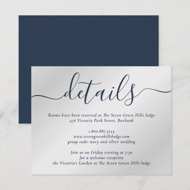 Navy Blue and Silver Modern Script Enclosure Card (Front/Back)