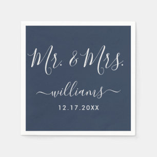Navy Blue and Silver Modern Script Mr. and Mrs. Napkin