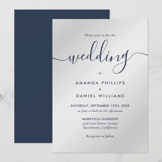 Navy Blue and Silver Modern Wedding Invitation (Front/Back)