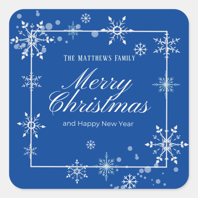 Navy Blue and Silver Snowflake Script Christmas  Square Sticker (Front)