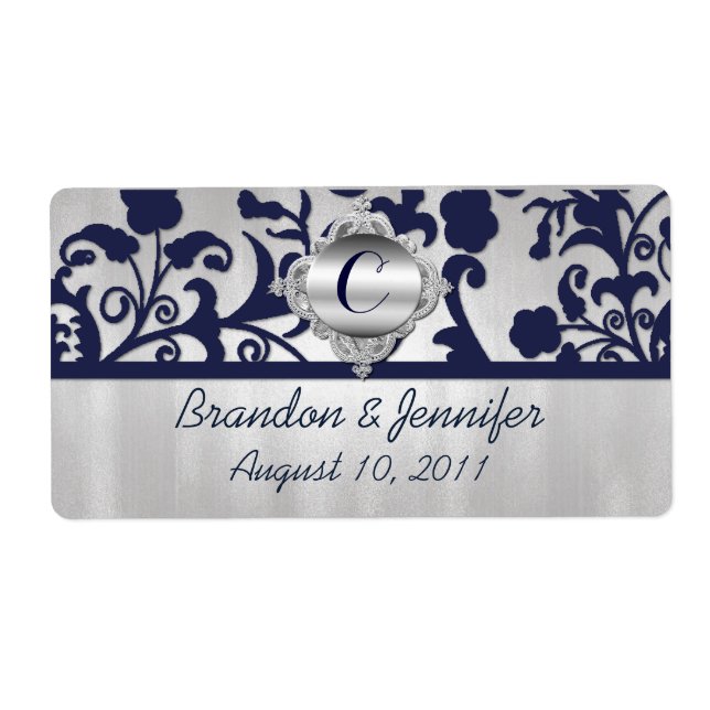 Navy Blue and Silver Tone Wedding Mini Wine Labels (Front)