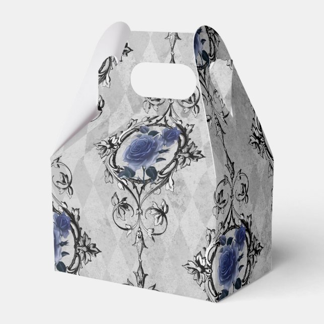 Navy Blue and Silver Victorian Floral Damask Favour Box (Front Side)