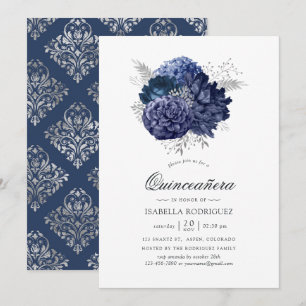 Navy Blue and Silver Vintage Rose Quinceañera Invitation