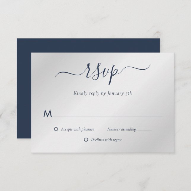 Navy Blue and Silver Wedding RSVP Card (Front/Back)