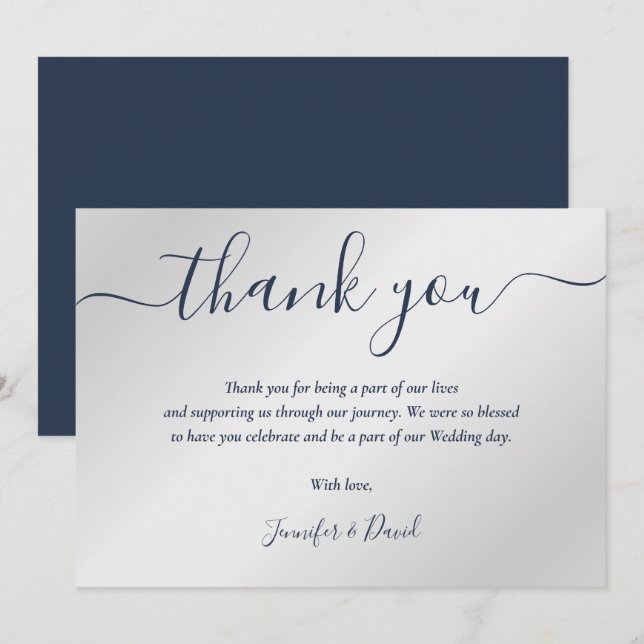 Navy Blue and Silver Wedding Thank You Card (Front/Back)