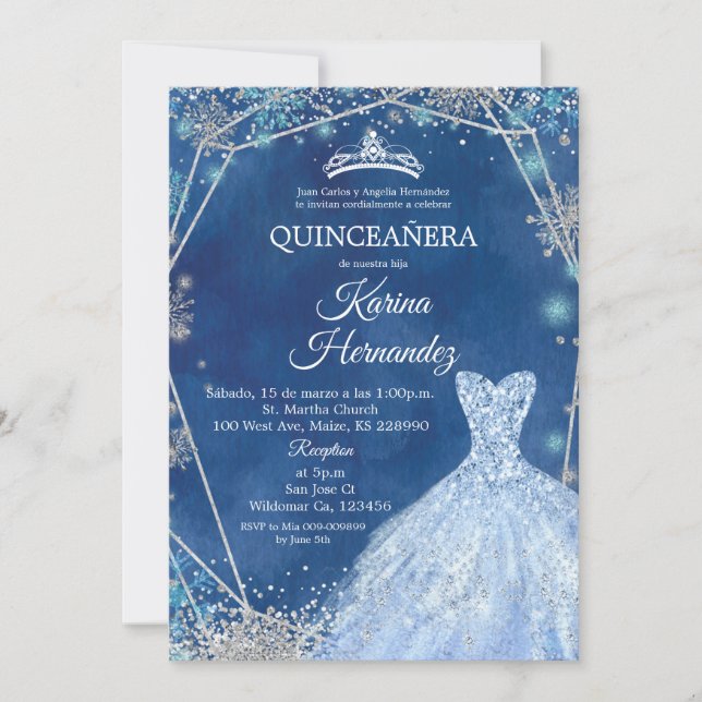 Navy Blue and Silver Winter Quinceanera Invitation (Front)
