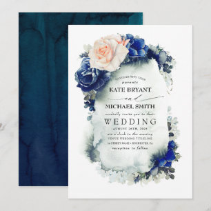 Navy Blue and Soft Peach Floral Boho Wedding Invitation