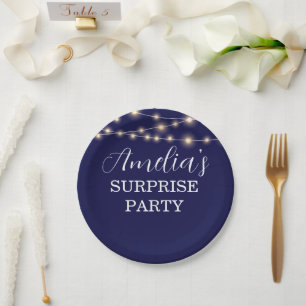 Navy Blue and String Light Surprise Birthday Paper Plate