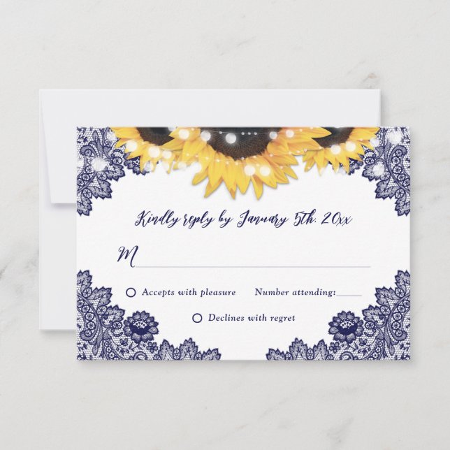 Navy Blue and Sunflower Rustic Floral Lace Wedding RSVP Card (Front)