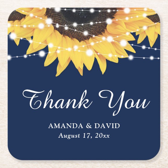 Navy Blue and Sunflower Thank You Wedding Favour Square Paper Coaster (Front)