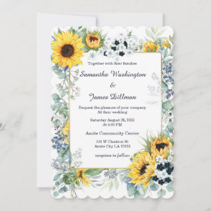 Navy Blue and Sunflower Wedding Invitation