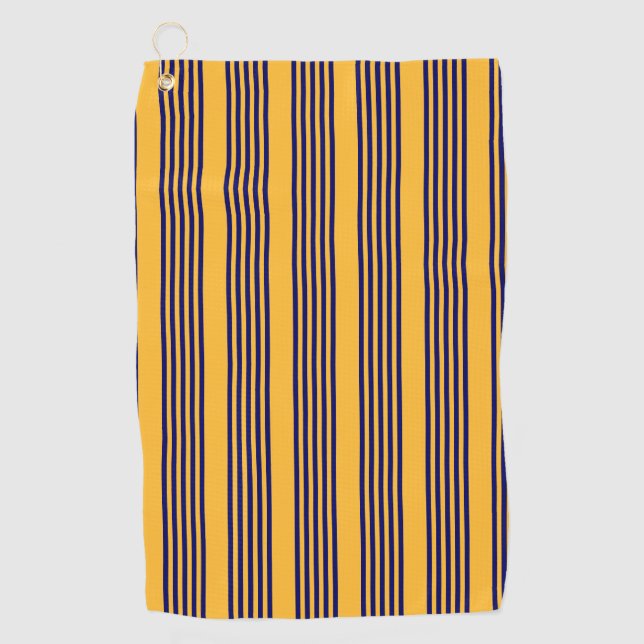 Navy blue and sunny yellow five stripes pattern golf towel (Front)