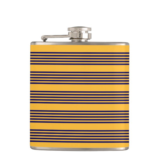 Navy blue and sunny yellow five stripes pattern hip flask (Front)