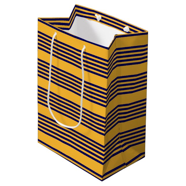 Navy blue and sunny yellow five stripes pattern medium gift bag (Front Angled)